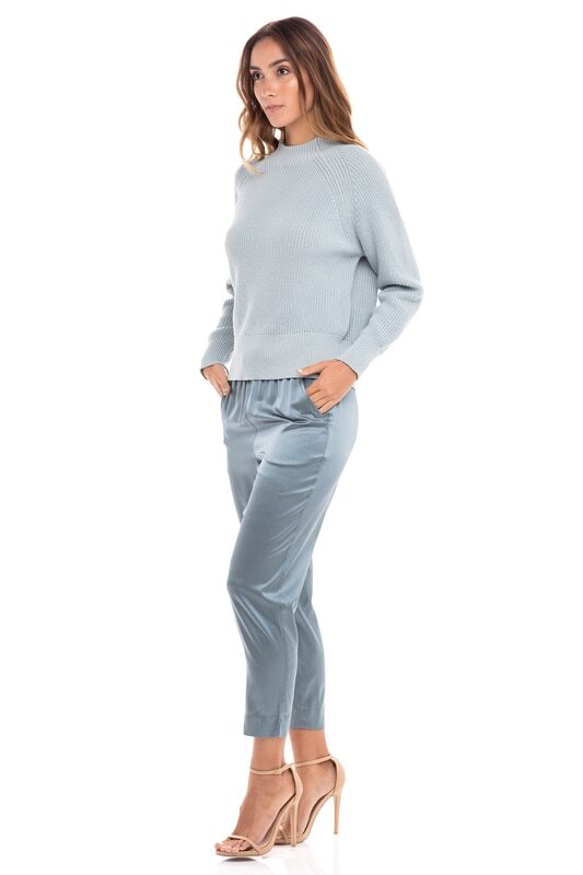 Pale Blue Cotton Mock Neck Sweater