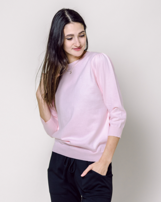 Copy of 3/4 Length Lightweight Cotton Sweater in pale pink.