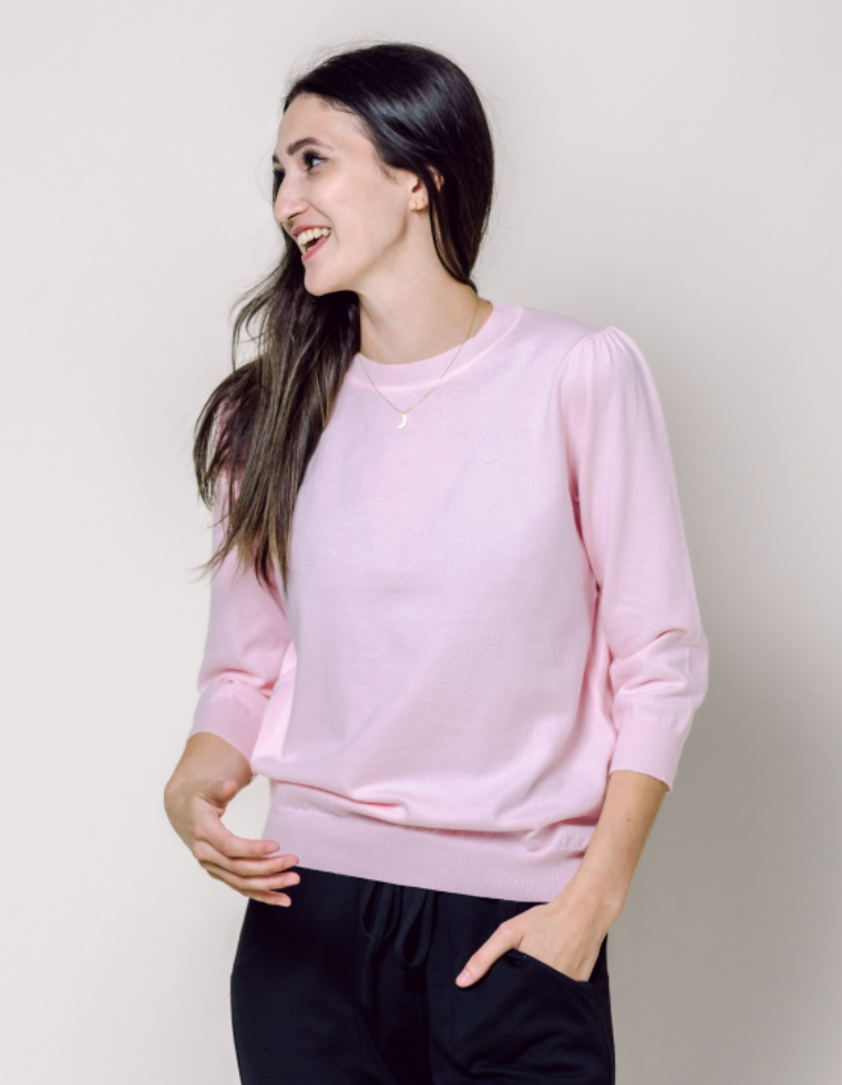 Copy of 3/4 Length Lightweight Cotton Sweater in pale pink.