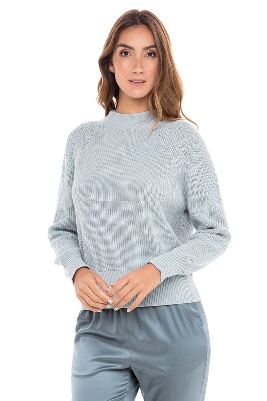 Pale Blue Cotton Mock Neck Sweater